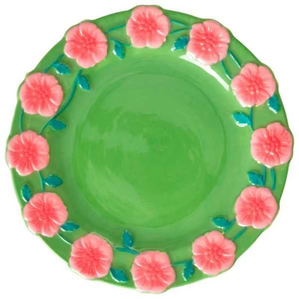 Rice Ceramic Cake Plate With Embossed Flower Design - Plate 3 Rice Ceramic Cake Plate With Embossed Flower Design - Plate